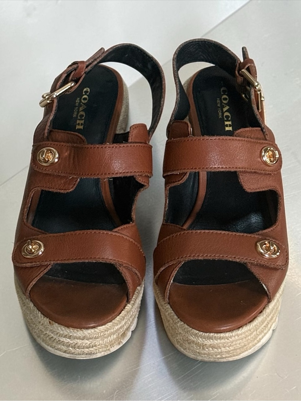Coach Cognac Brown Leather Espadrille Platform Wedge Sandals! Size 6 EUC!! - Picture 4 of 13